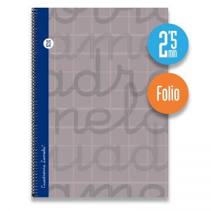 Cuaderno espiral FOLIO 80 hojas. Cubierta extra dura GRIS. Cuadrovía 2,5mm.